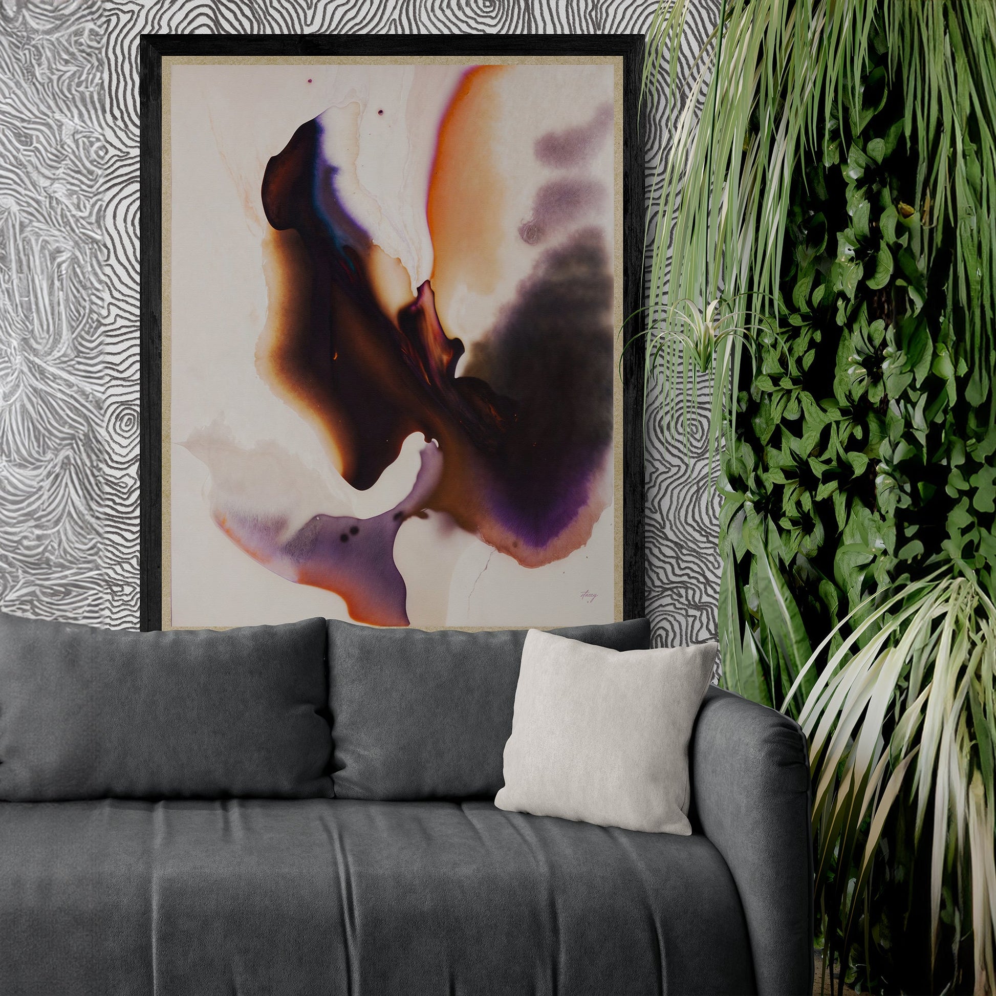 Canvas Print Velvet Bloom III by Tailored Canvases with orange purple ink wash in a black frame on Tampa Home & Garden Store