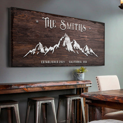 Family Mountain Home Sign II canvas with rustic wood and white mountain graphic THE SMITHS on Tampa Home & Garden Store