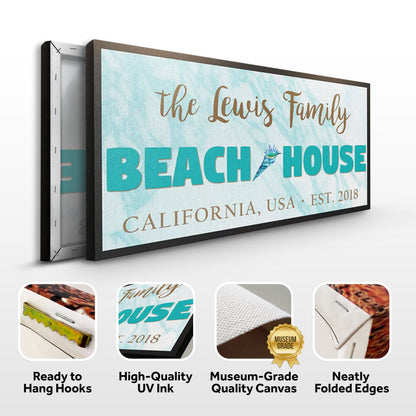 Beach House Sign II canvas Tailored Canvases with blue background and turquoise BEACH HOUSE on Tampa Home & Garden Store