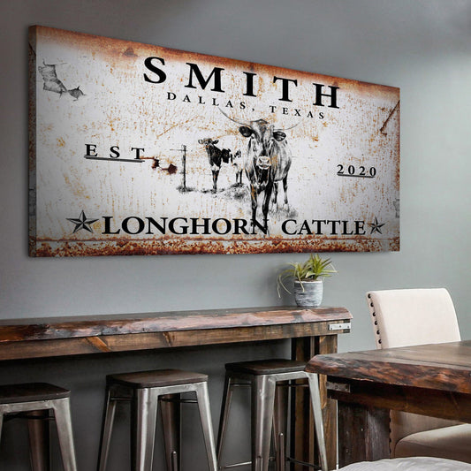 Longhorn Rustic Cattle Sign II canvas with weathered white/rust finish on Tampa Home & Garden Store