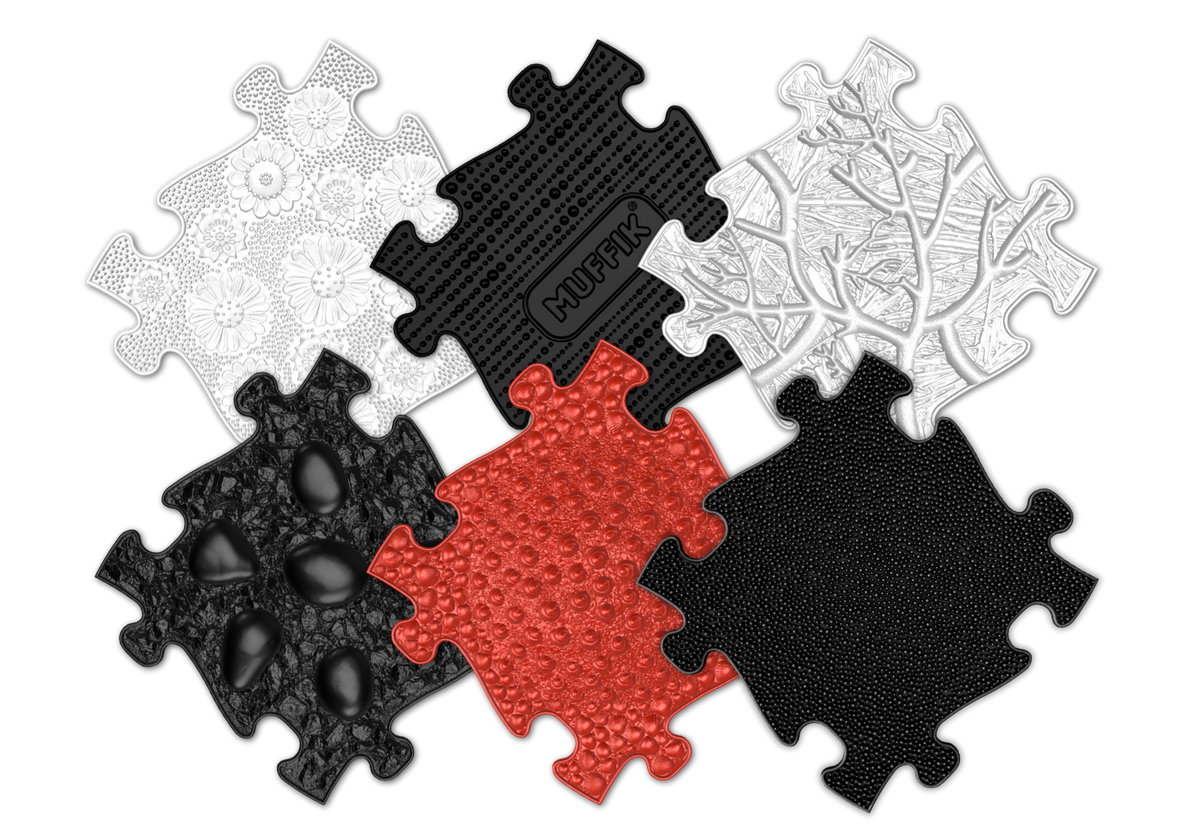 Tots Vision Puzzle Set play mats with mixed textures in black white red MUFFIK branding visible on Tampa Home & Garden Store