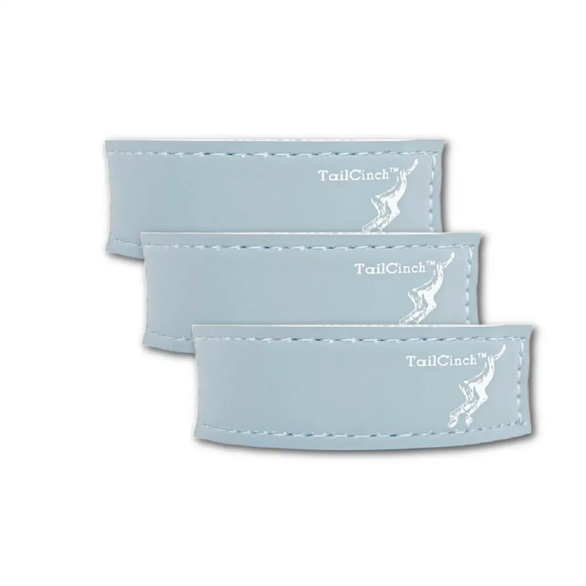 TailCinch Equine tail ties set of 3 in light blue faux leather with white stitching and logo on Tampa Home & Garden Store