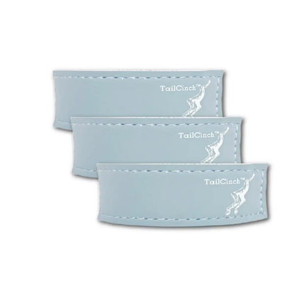 TailCinch Equine tail ties set of 3 in light blue faux leather with white stitching and logo on Tampa Home & Garden Store
