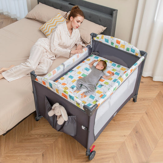 5-in-1 Baby Nursery Center Foldable Toddler Bedside Crib with Music Box - Tampa Home & Garden Store