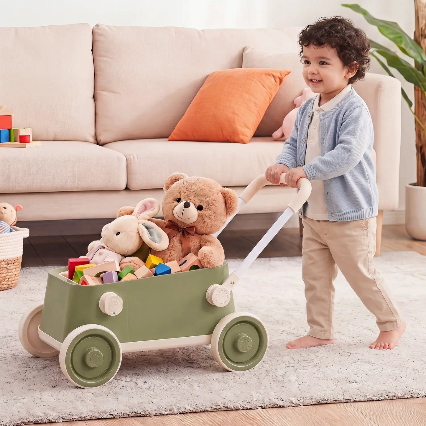 Push Walker With Storage Basket Foldable Handle