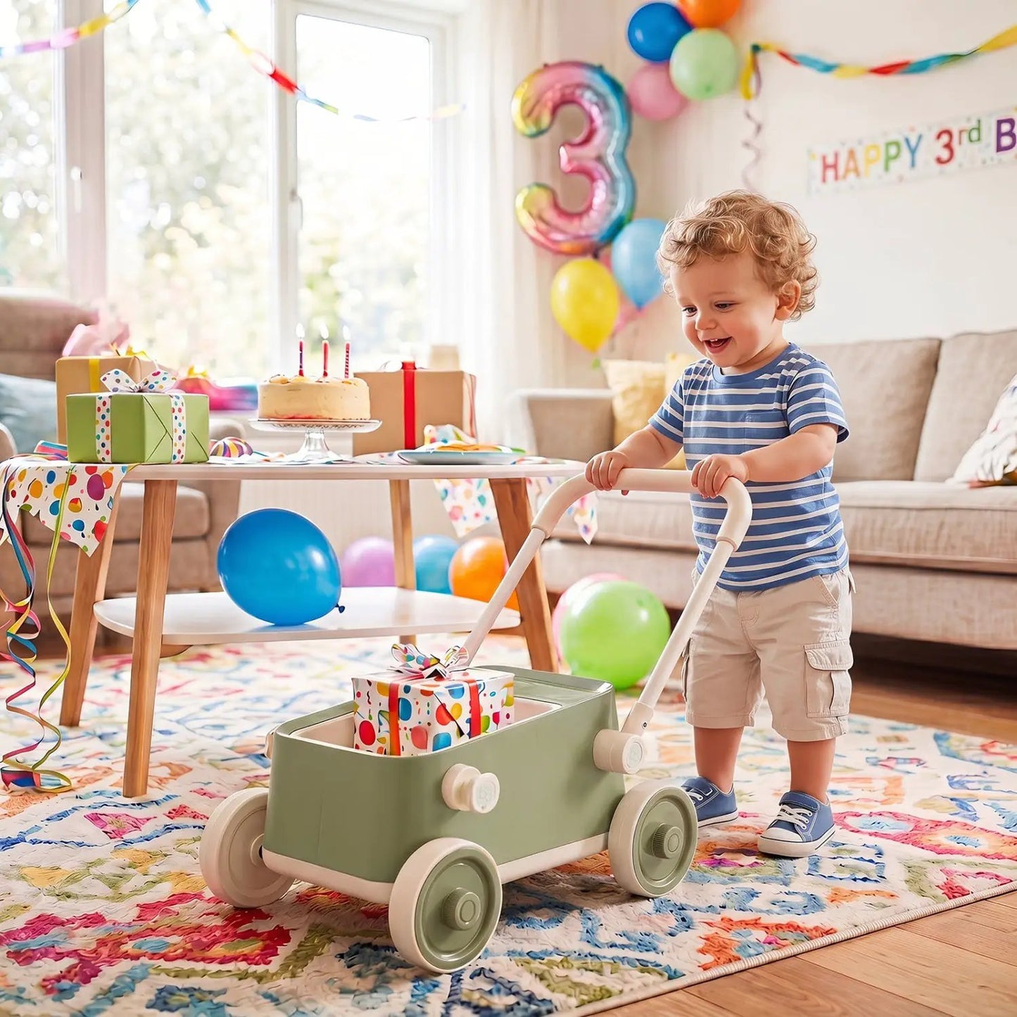Push Walker With Storage Basket Foldable Handle