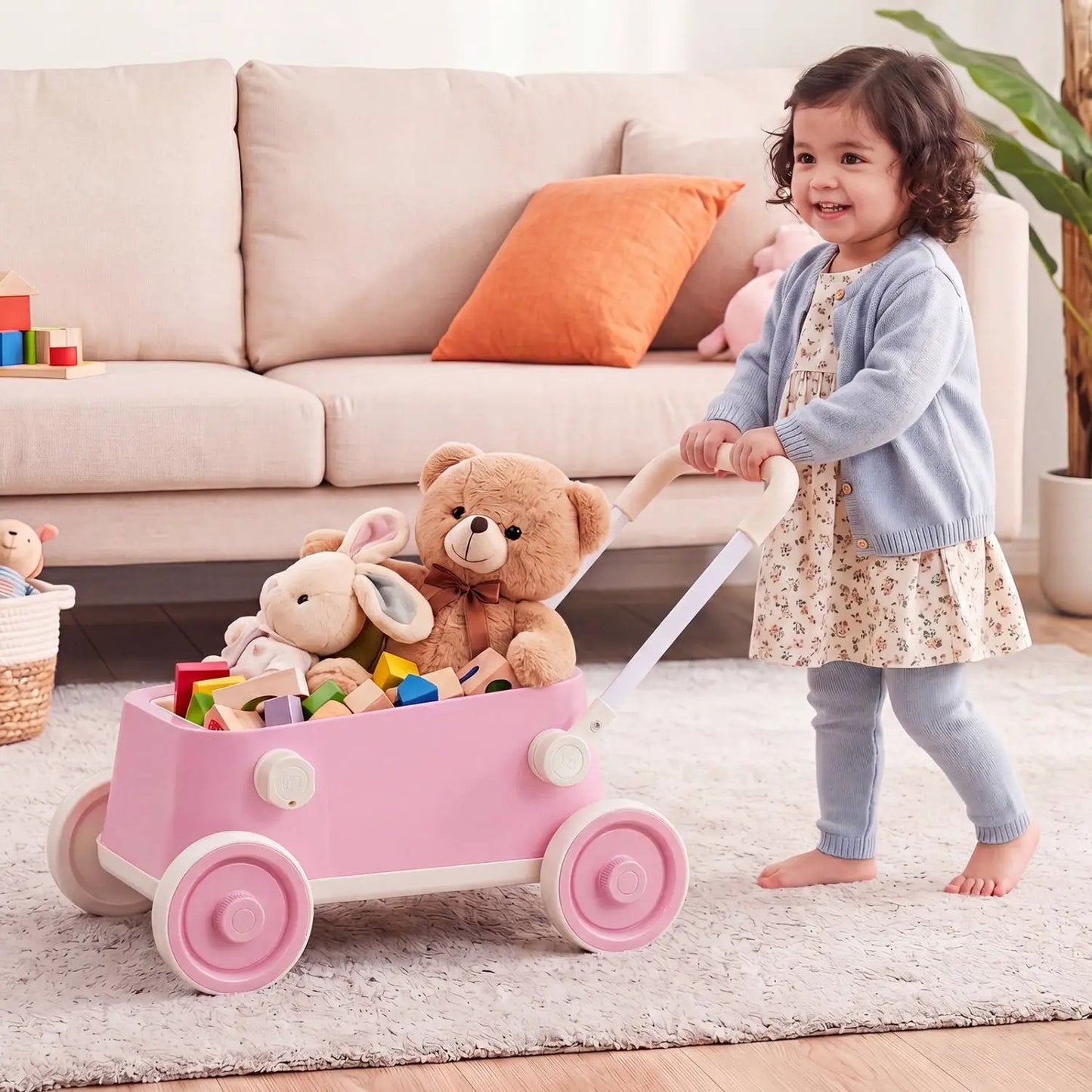 Push Walker With Storage Basket Foldable Handle
