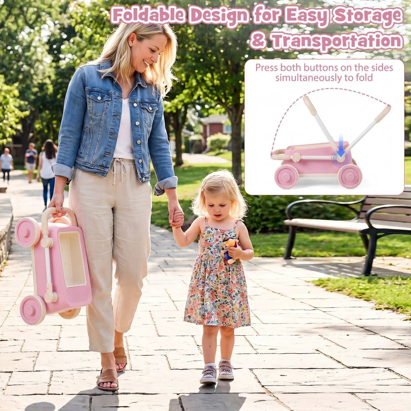 Push Walker With Storage Basket Foldable Handle