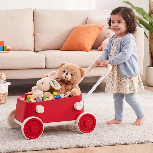 Push Walker with Storage Basket and Foldable Handle in red with toys inside on Tampa Home & Garden Store