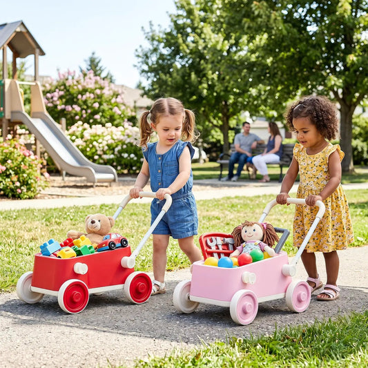 Push Walker with storage basket and foldable handle; two kid wagons in red and pink on Tampa Home & Garden Store