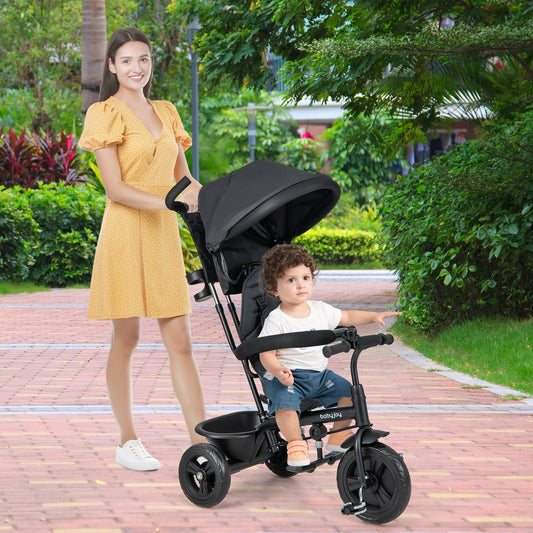 4-in-1 Baby Trike Kids Tricycle with Removable Canopy and Adjustable Push Handle-Black - Tampa Home & Garden Store