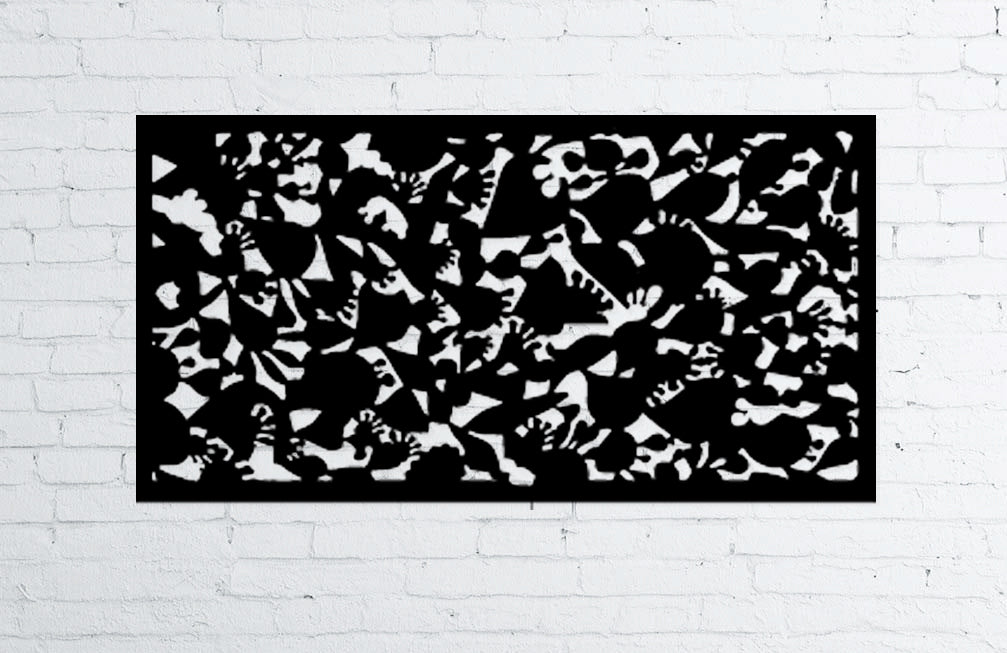 Outdoor metal deck privacy screen panel by Rustica Ornamentals in black steel with cutouts on Tampa Home & Garden Store