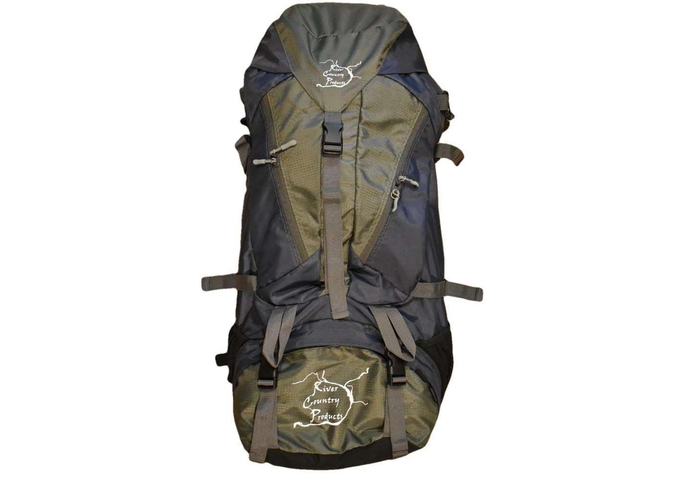 65 Liter Backpacking Pack by River Country Gear, olive green with front straps and top lid on Tampa Home & Garden Store