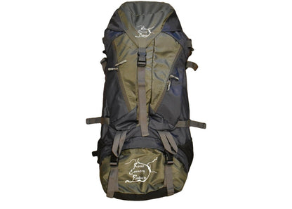 65 Liter Backpacking Pack by River Country Gear, olive green with front straps and top lid on Tampa Home & Garden Store