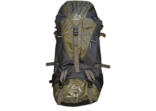 65 Liter Backpacking Pack by River Country Gear, olive green with front straps and top lid on Tampa Home & Garden Store
