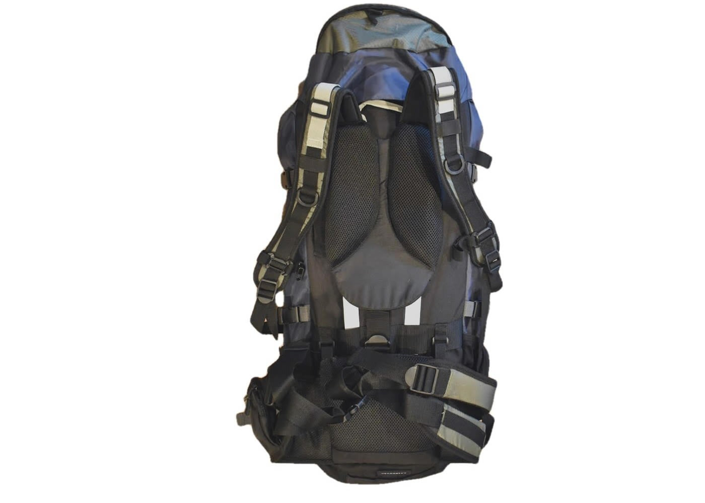 65 Liter River Country Gear backpacking pack with padded shoulder straps in blue/gray on Tampa Home & Garden Store