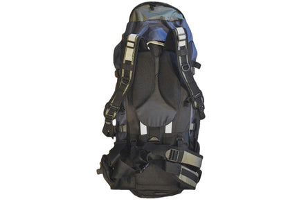 65 Liter River Country Gear backpacking pack with padded shoulder straps in blue/gray on Tampa Home & Garden Store