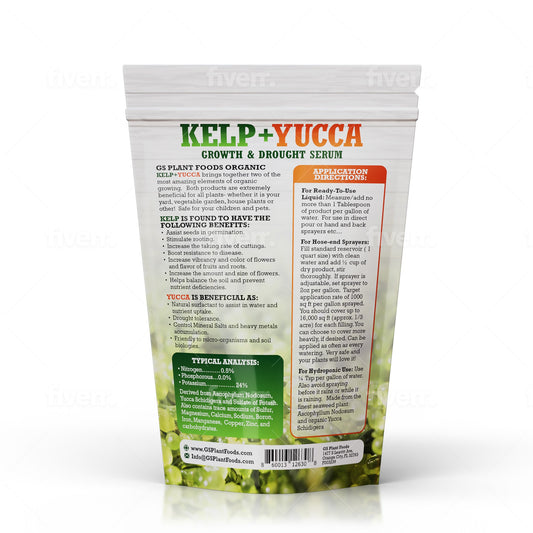Kelp + Yucca Growth & Drought Serum fertilizer, GS Plant Foods organic bag with green/orange label on Tampa Home & Garden Store