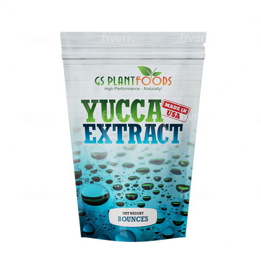 GS Plant Foods Organic Yucca Extract fertilizer pouch, white-blue bag with green logo and 8 oz on Tampa Home & Garden Store