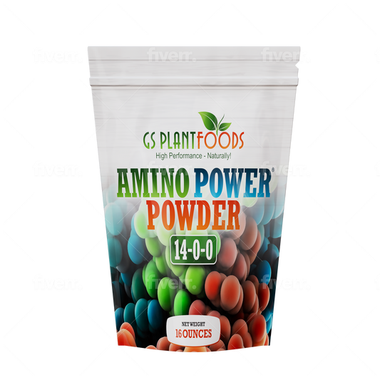 Amino Power plant-based nitrogen fertilizer bag by GS Plant Foods with colorful berry imagery on Tampa Home & Garden Store
