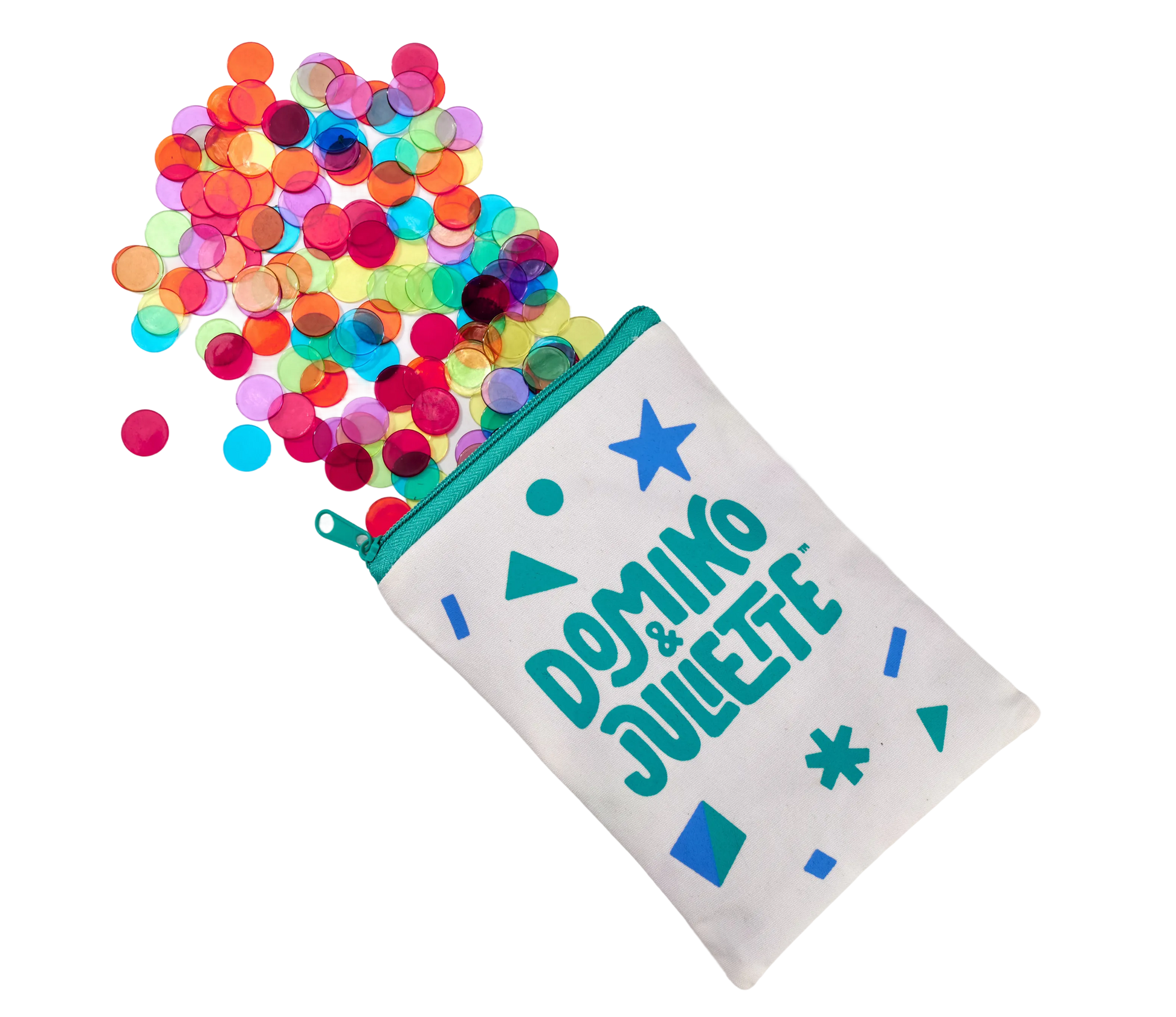 Counting chips in assorted translucent colors spilling from a teal zip pouch, Domino & Juliette on Tampa Home & Garden Store