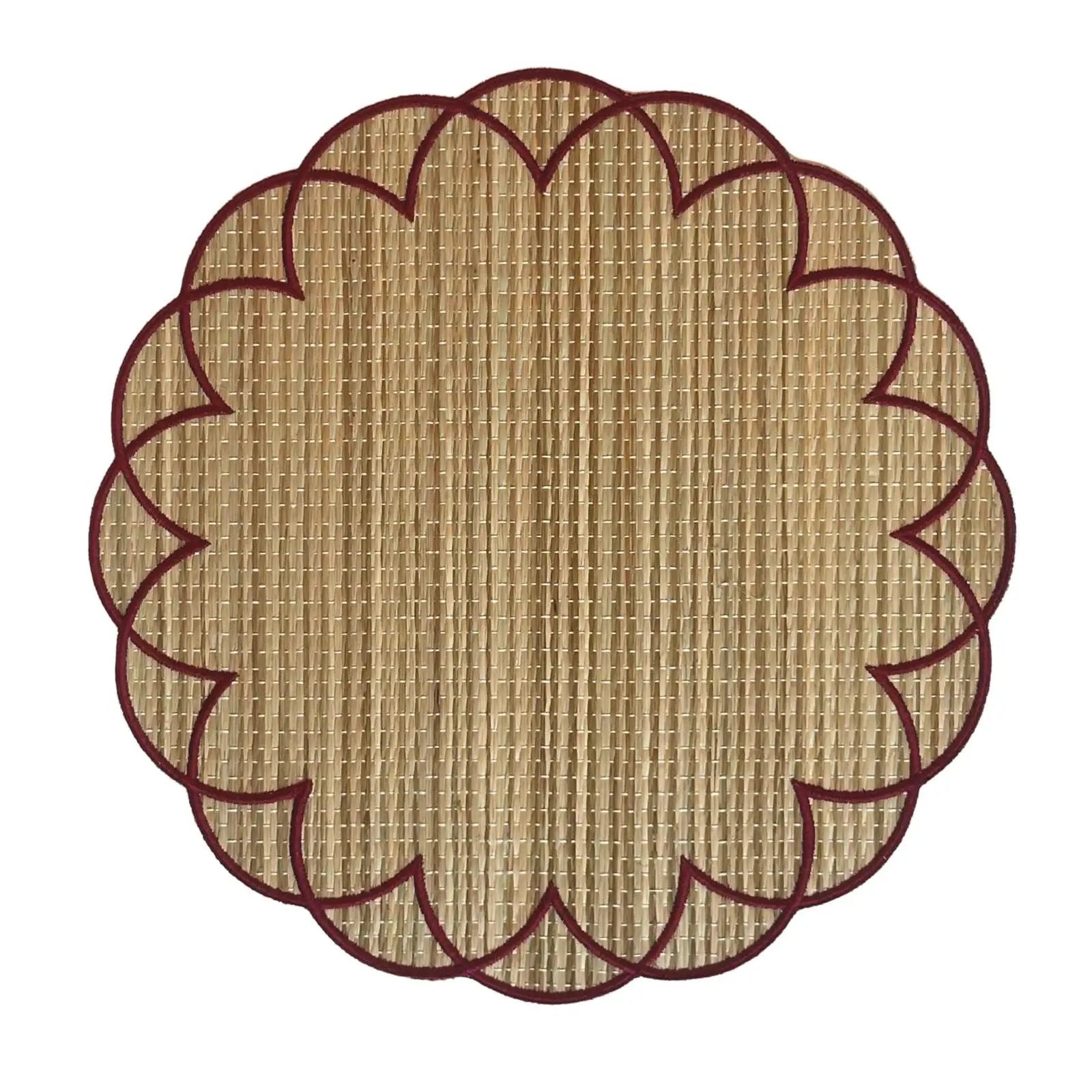 Bali straw placemat set natural fiber Bohemian with burgundy trim by Talah Home on Tampa Home & Garden Store