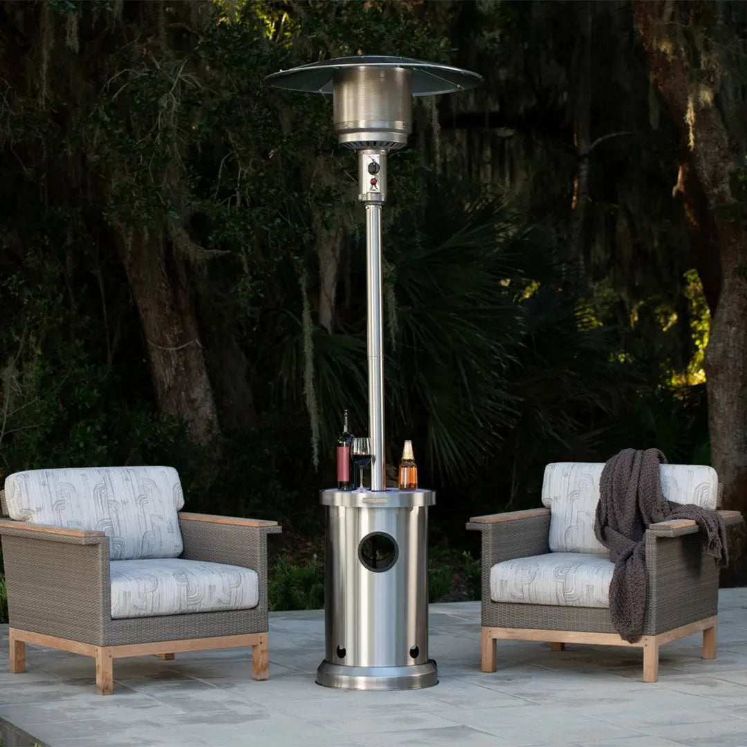 Stainless Steel Patio Heater with Permanent LED Table, tall chrome column and circular top on Tampa Home & Garden Store