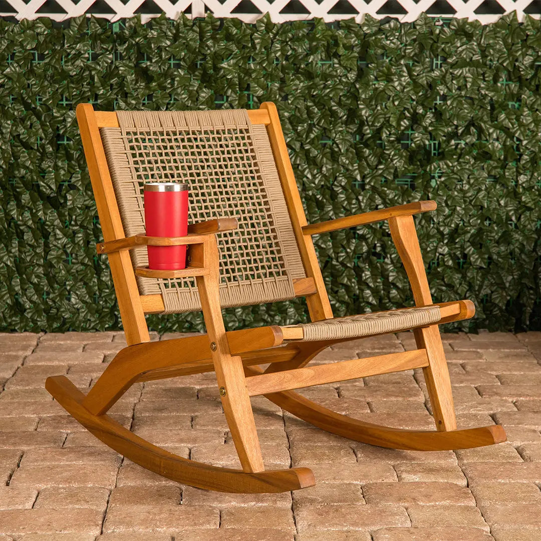 Vega Outdoor Rocking Chair with Beverage Holder, wooden frame and woven back by Fire Sense on Tampa Home & Garden Store