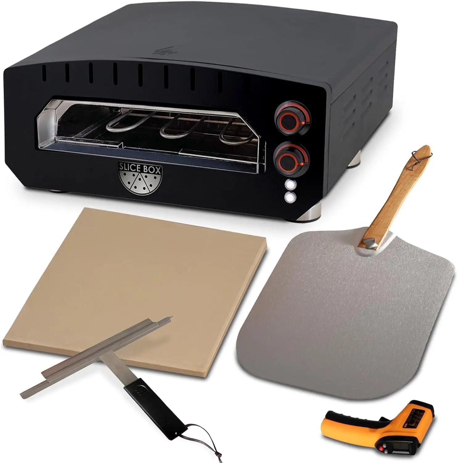 Slice Box black outdoor electric pizza oven with red-ring knobs; includes pizza stones on Tampa Home & Garden Store