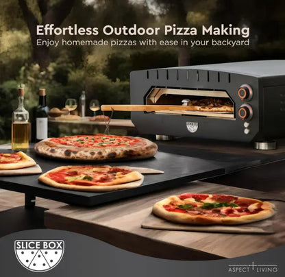 Slice Box Outdoor Electric Pizza Oven by Fire Sense, black metal outdoor oven with pizzas on a backyard table on Tampa Home & Garden Store
