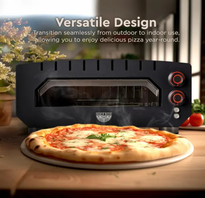 Slice Box outdoor electric pizza oven, black with red knobs, Fire Sense/Balkene Home on Tampa Home & Garden Store