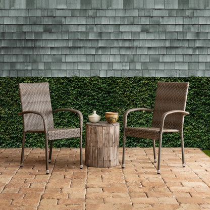Morgan Outdoor Wicker Chair 2pk gray/brown wicker chairs around a wooden stump table on Tampa Home & Garden Store
