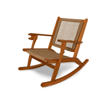 Vega outdoor rocking chair with beverage holder, natural wood frame and woven seat/back on Tampa Home & Garden Store