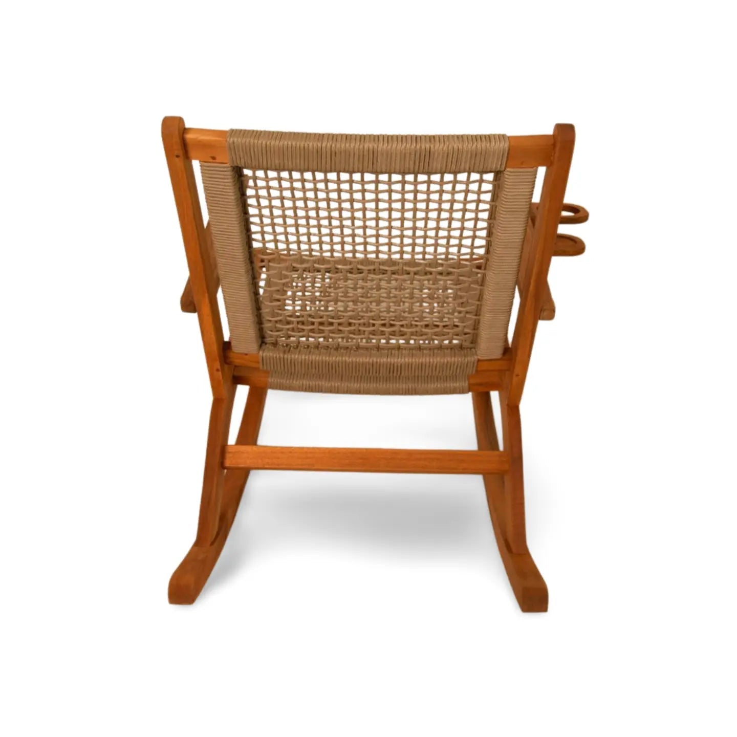 Vega Outdoor Rocking Chair with Beverage Holder, wooden frame and woven rattan back on Tampa Home & Garden Store