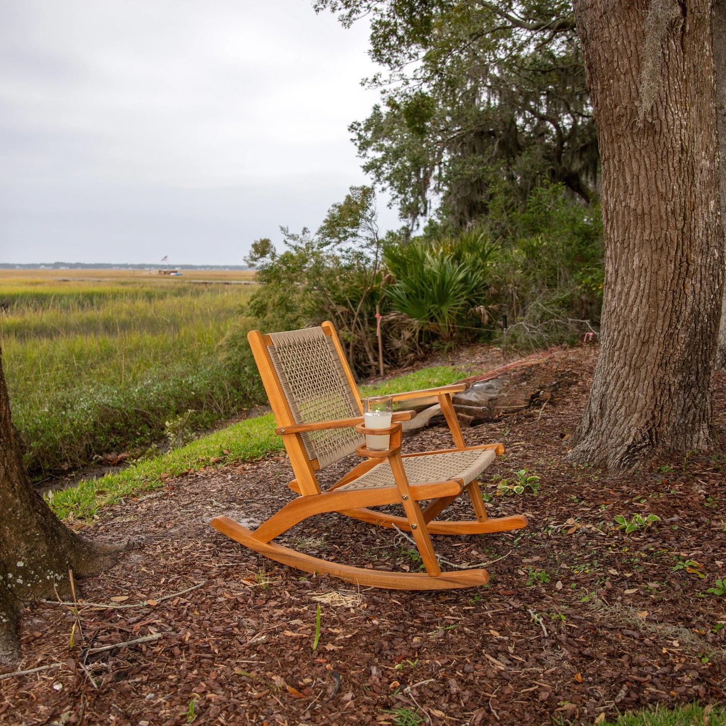 Vega outdoor rocking chair with beverage holder, light wood frame and woven seat 2 chairs on Tampa Home & Garden Store