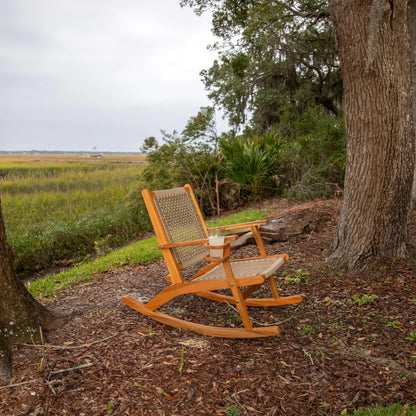 Vega outdoor rocking chair with beverage holder, light wood frame and woven seat 2 chairs on Tampa Home & Garden Store