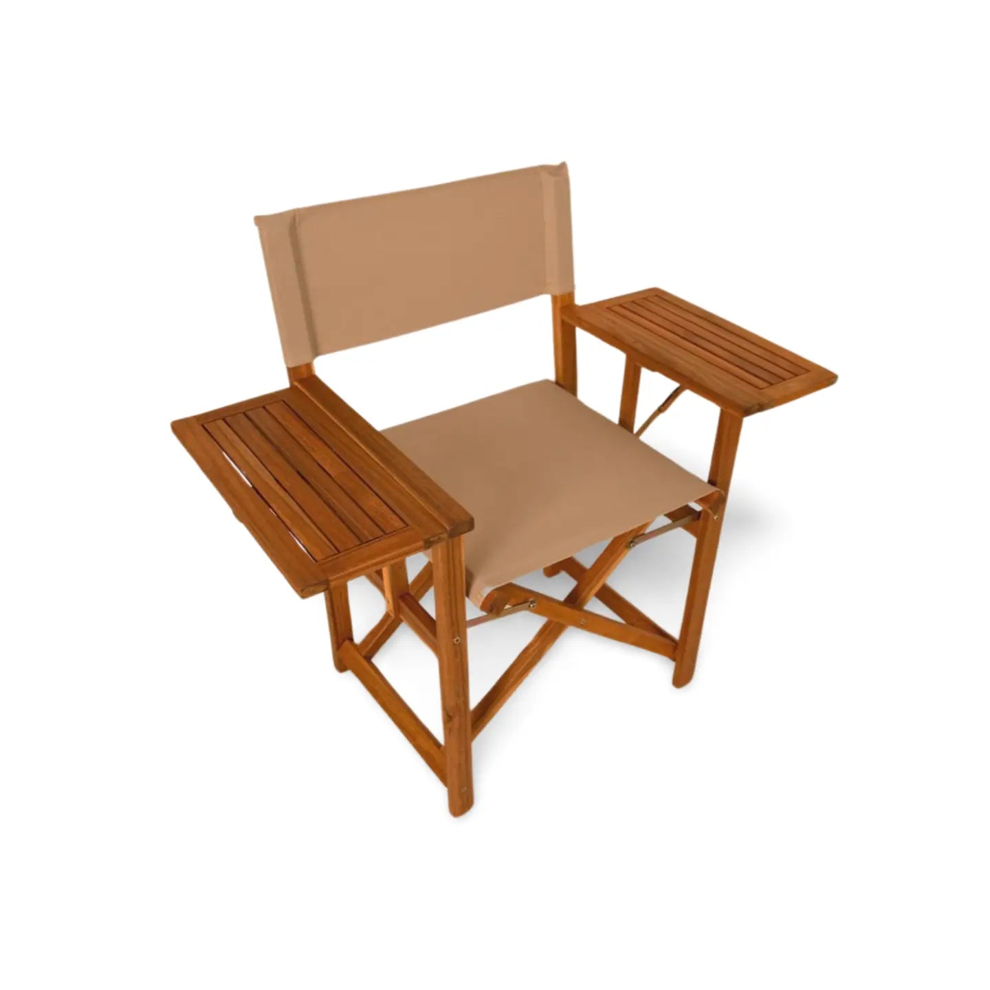 Walker Outdoor Folding Directors Chair with Side Tables, wood frame, beige fabric seat, 2 tables on Tampa Home & Garden Store