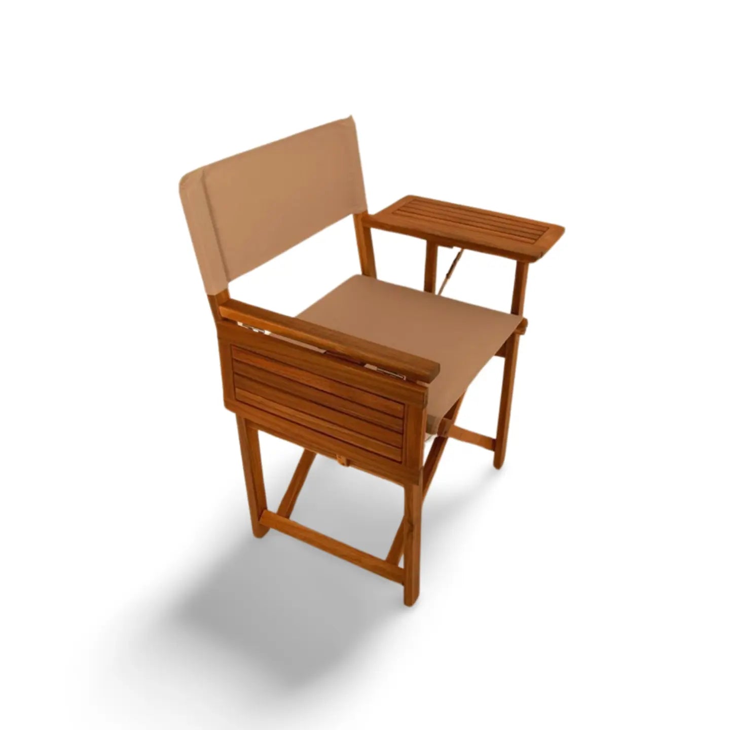 Walker Outdoor Folding Directors Chair with Side Tables, wooden frame and beige cushions on Tampa Home & Garden Store