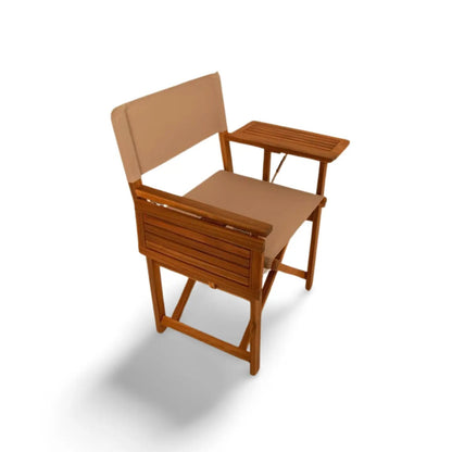 Walker Outdoor Folding Directors Chair with Side Tables, wooden frame and beige cushions on Tampa Home & Garden Store