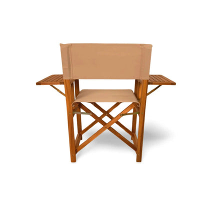 Walker Folding Directors Chair with 2 Side Tables wood frame beige canvas seat Fire Sense on Tampa Home & Garden Store