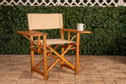 Walker folding director's chair with side table, beige fabric seat/back and wooden frame with mug on Tampa Home & Garden Store