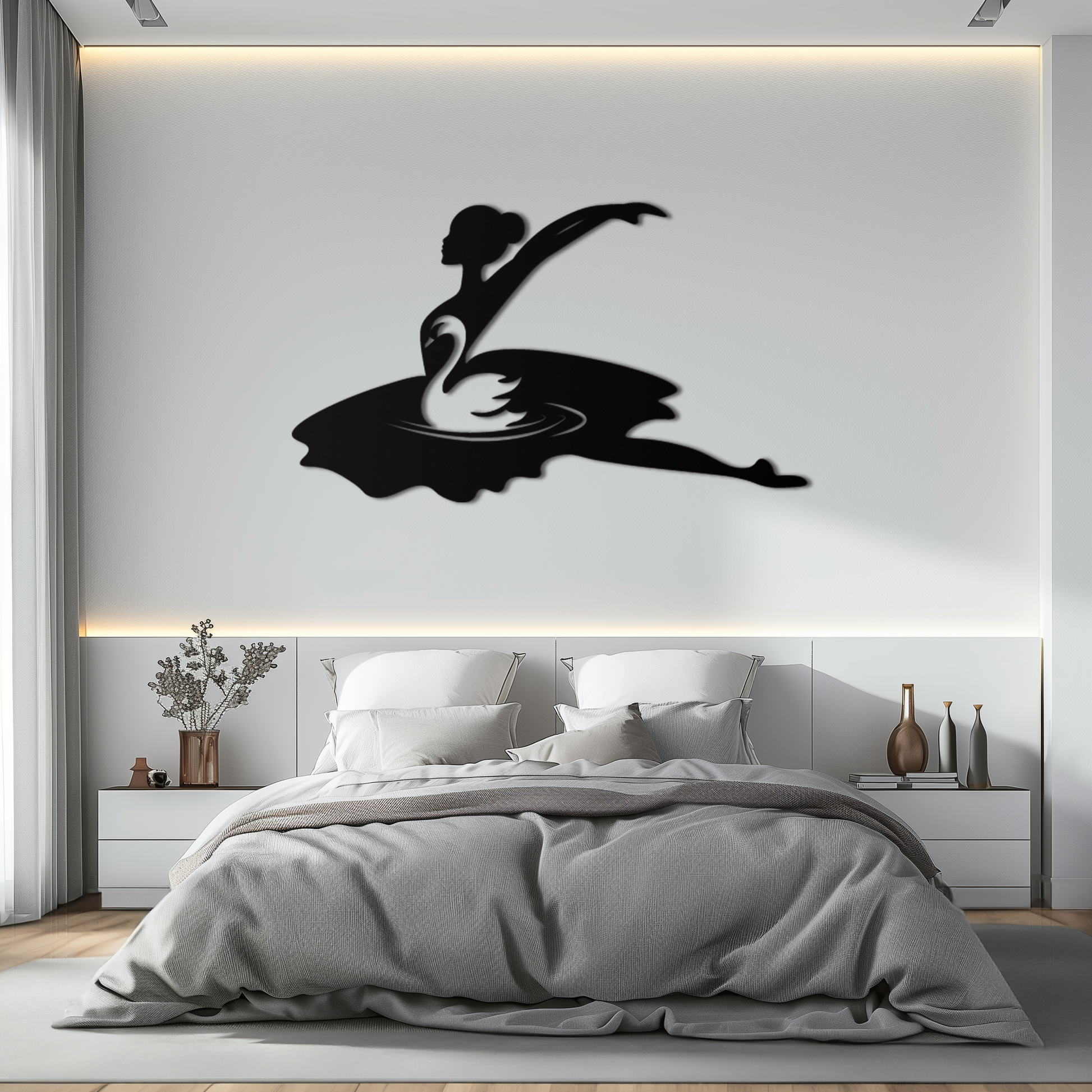 Ballet Dancer with Swan Silhouette Metal Wall Art – Elegant Black Steel Decor for Ballet Studios, Bedrooms, and Living Spaces- KAF466 - Tampa Home & Garden Store