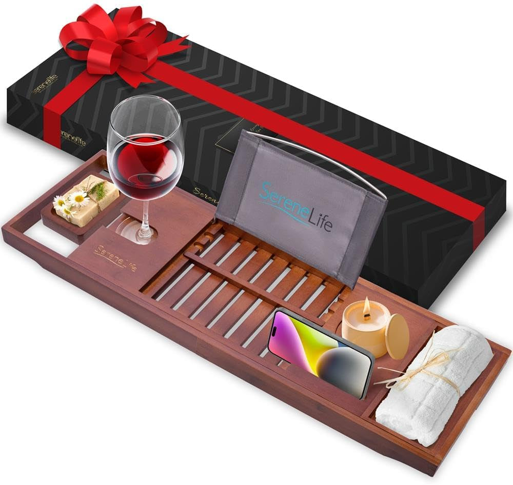 Bamboo Bathtub Caddy Tray – Expandable Waterproof Bath Tray with Wine Glass Holder, Tablet Stand & Removable Accessory Slots – Eco-Friendly, Adjustable & Durable - Tampa Home & Garden Store