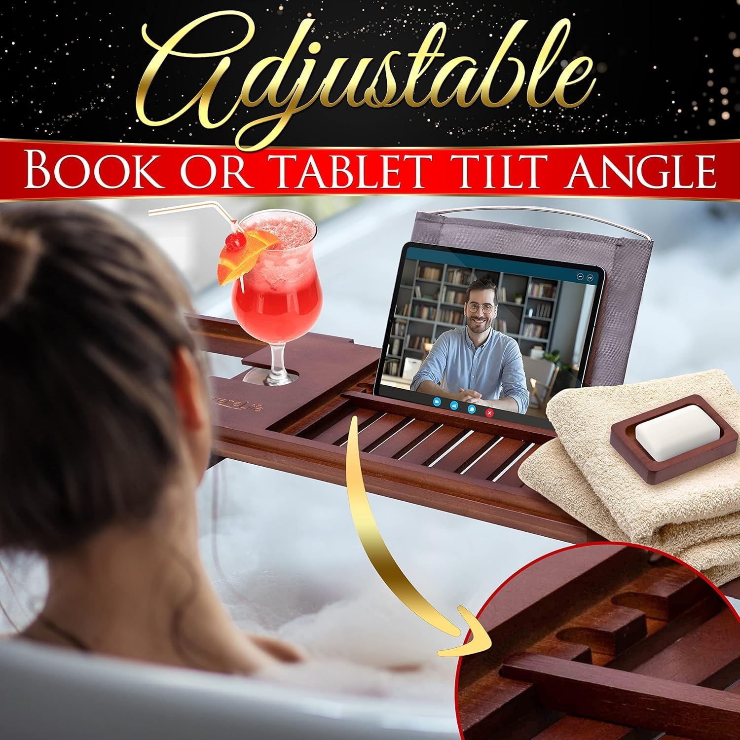 Bamboo Bathtub Caddy Tray – Expandable Waterproof Bath Tray with Wine Glass Holder, Tablet Stand & Removable Accessory Slots – Eco-Friendly, Adjustable & Durable - Tampa Home & Garden Store