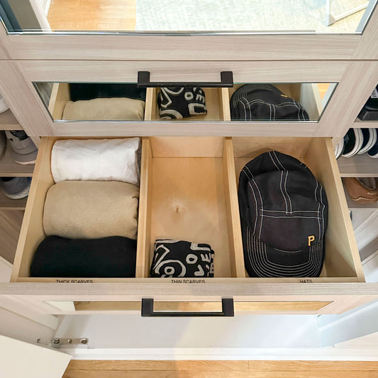 Natural bamboo expandable drawer dividers in a light wood dresser for hats and scarves on Tampa Home & Garden Store