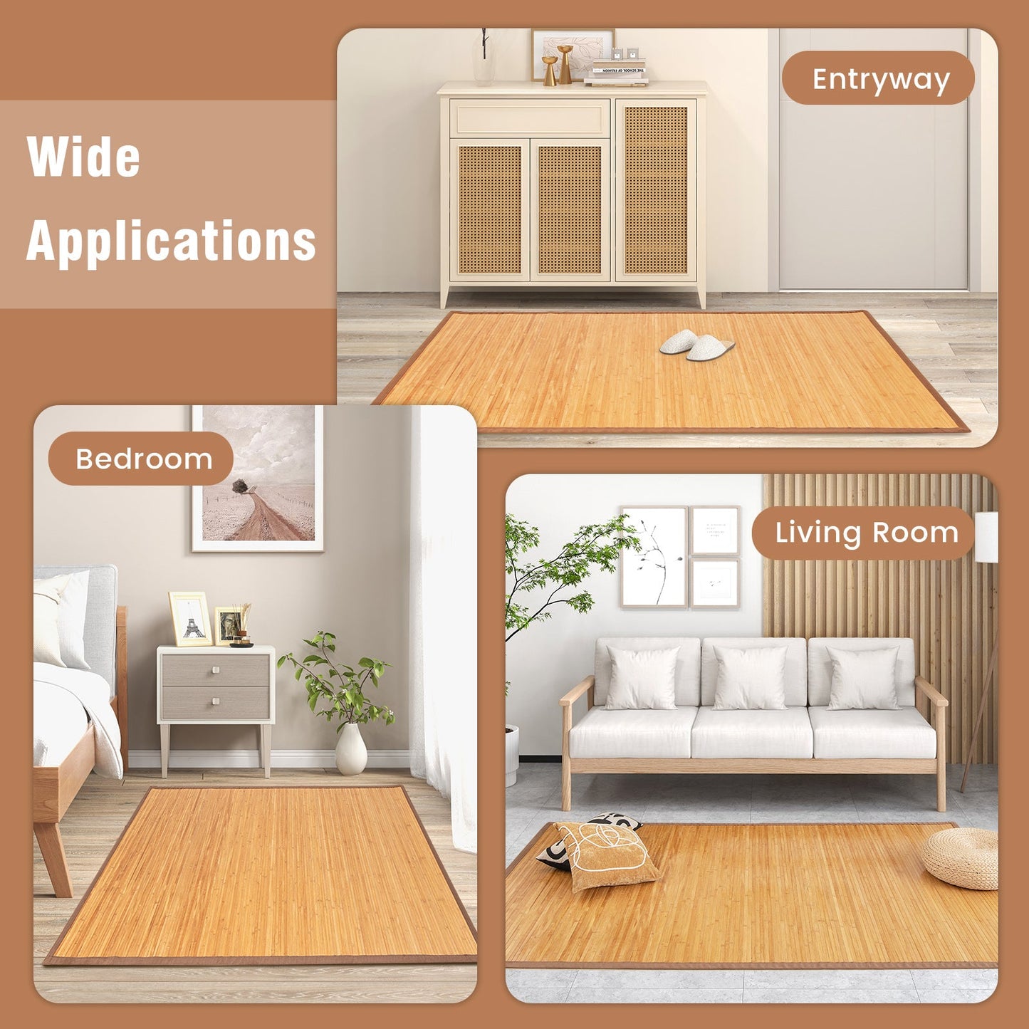 Alfombrilla de bambú de 5 x 8 pies con reverso antideslizante para sala de estar o dormitorio