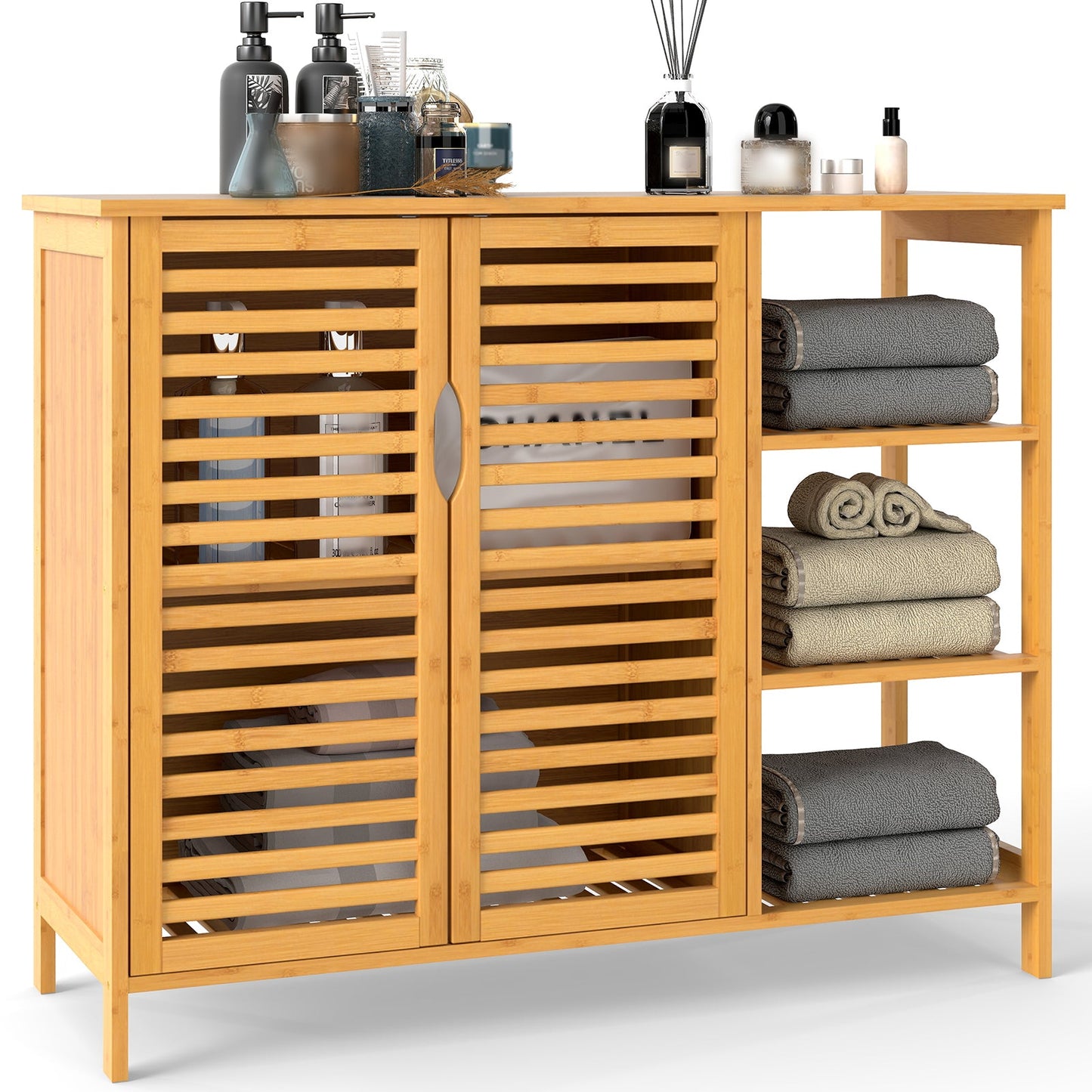 Bamboo Bathroom Cabinet 2-Door Storage Organizer with Shelves-Natural