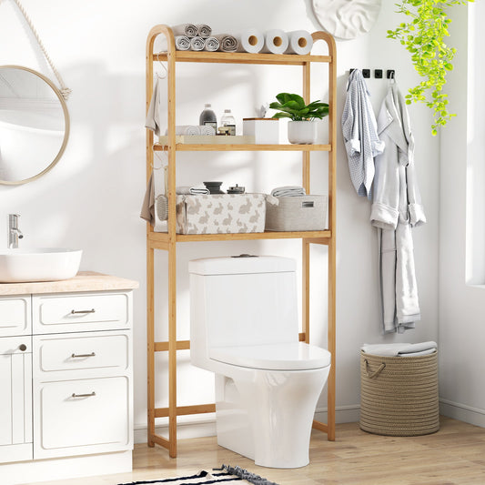 3-Tier Bamboo Bathroom Floor Organizer with 5-Position Shelves and 3 Hooks-Natural - Tampa Home & Garden Store