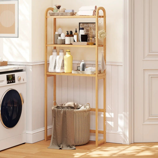 3-Tier freestanding bamboo floor organizer with natural finish shelves for laundry storage on Tampa Home & Garden Store