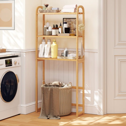 3-Tier Bamboo Bathroom Floor Organizer with 5-Position Shelves and 3 Hooks-Natural - Tampa Home & Garden Store